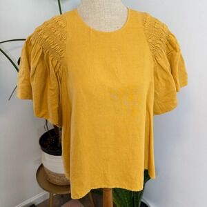 The Great Women's Mustard Yellow Smocked Sleeve Linen Cotton Blend Top Size 0